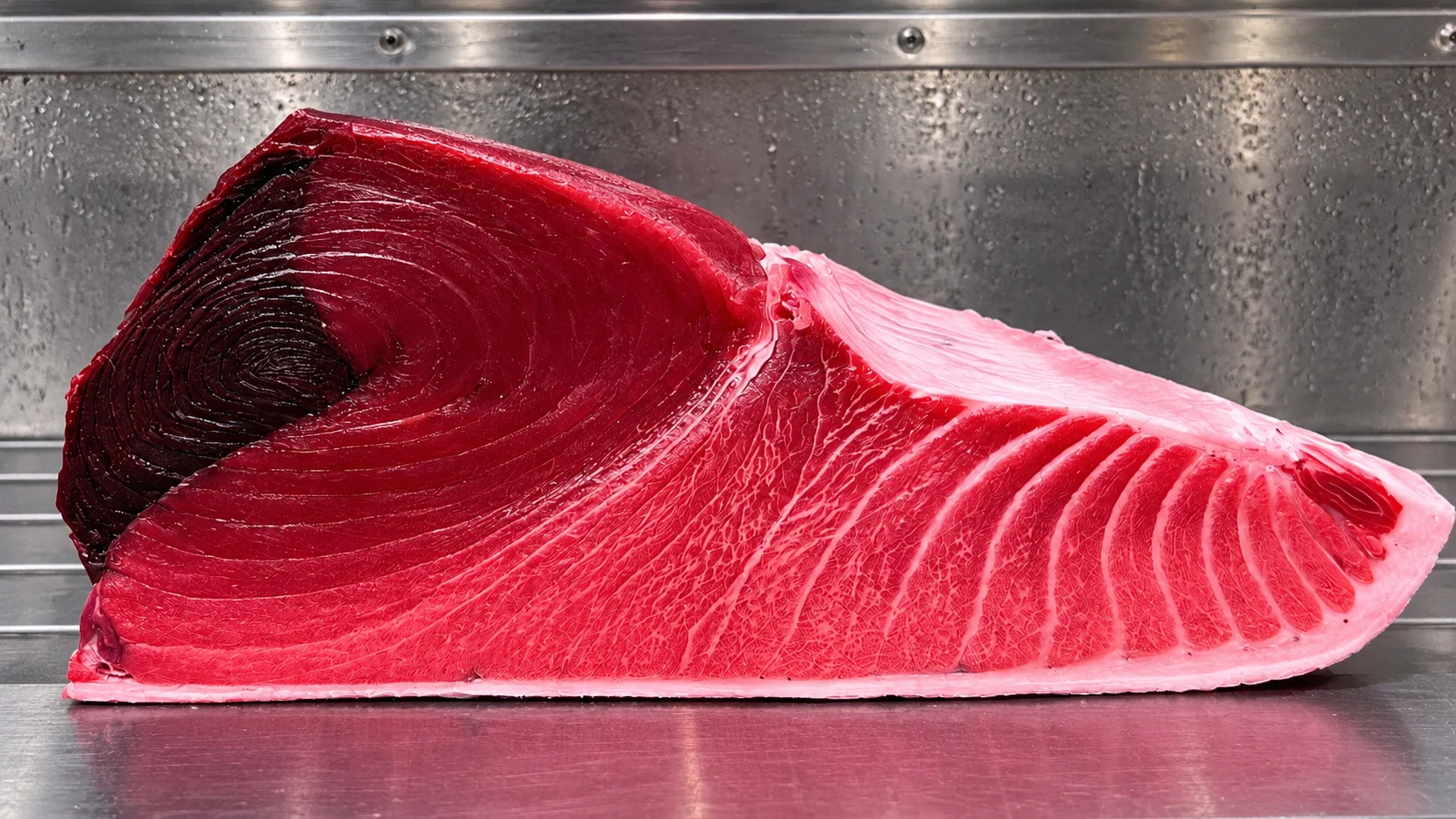 Bluefin tuna block cut through, lean akami to fatty otoro
